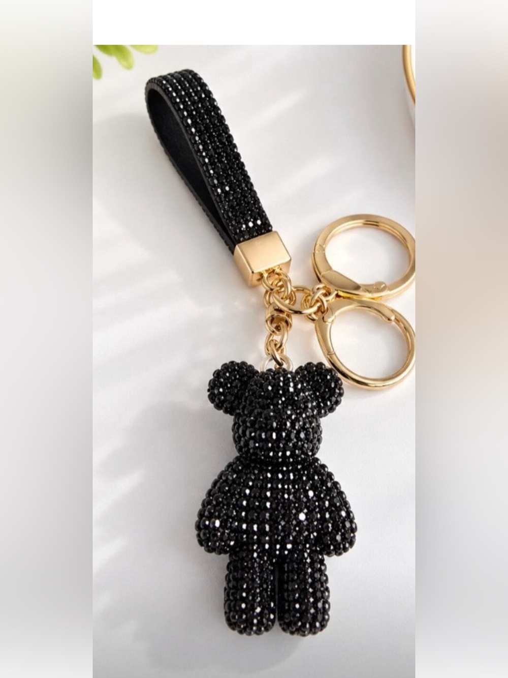 Crystal Embellished Black Bear Keychain or bag charm with strap gold hardware